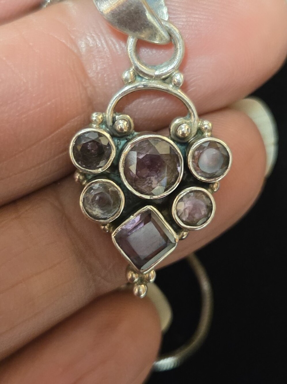 Vintage Sterling Silver 925 Amethyst Cluster Pendant Necklace & Chain Set